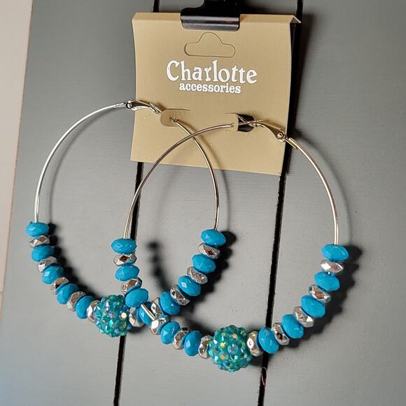 Large Blue Beaded Hoop Earrings 3" Silver Tone Rhinestone Accent Pierced Trendy - Picture 4 of 7